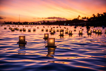 Laminated Japanese Floating Illuminated Lanterns at Sunset Photo Photograph Poster Dry Erase Sign 24x16