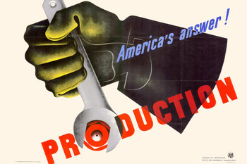 WPA War Propaganda Americas Answer Production Gloved Hand Holding Wrench Motivational Cool Wall Decor Art Print Poster 16x24
