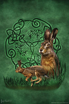 Celtic Hare by Brigid Ashwood Green Spiritual Rabbit Motif Inspirational Motivational Three Hares Intertwined Nature Spirit Gaelic History Cool Wall Decor Art Print Poster 24x36