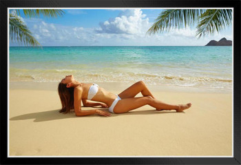 Asian Woman Beauty Laying On Tropical Sandy Beach Photo Photograph White Wood Framed Poster 20x14