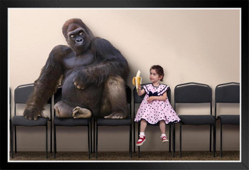 Little Girl Offering Banana to Gorilla Pictures Of Gorillas Poster Primate Poster Gorilla Picture Paintings For Living Room Decor Nature Wildlife Art Print White Wood Framed Poster 20x14