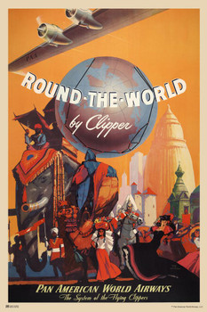 Laminated International Global Clipper Round World Earth Pan Am Logo American Vintage Travel Ad Airline Airport American Plane Flying Poster Dry Erase Sign 24x36