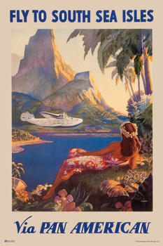 South Sea Isles Tropical Island Paradise Palm Tree Vintage Travel Pan Am Airline Airport Plane Flying Advertisement Ad Cool Huge Large Giant Poster Art 36x54