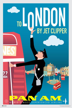 Laminated London England Red Bus Britain UK Pan Am Logo American Vintage Travel Ad Airline Airport American Plane Flying Poster Dry Erase Sign 16x24