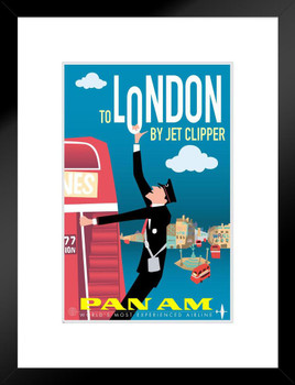 London England Red Bus Britain UK Pan Am Logo American Vintage Travel Ad Airline Airport American Plane Flying Matted Framed Wall Decor Art Print 20x26