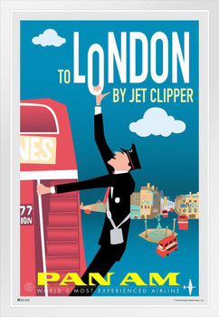 London England Red Bus Britain UK Pan Am Logo American Vintage Travel Ad Airline Airport American Plane Flying White Wood Framed Poster 14x20
