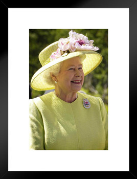 Queen Elizabeth II Smiling Yellow Hat Dress Sunday Easter Portrait Fascinator Crown British Monarch Royalty UK United Kingdom England Matted Framed Wall Decor Art Print 20x26