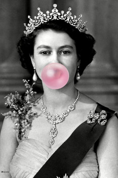 Queen Elizabeth II Vintage Photo Bubble Gum Blowing Funny British Royal Portrait Her Majesty Wearing Crown Black White Thick Paper Sign Print Picture 8x12