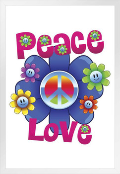 Colorful Peace and Love with Flowers Illustration White Wood Framed Poster 14x20