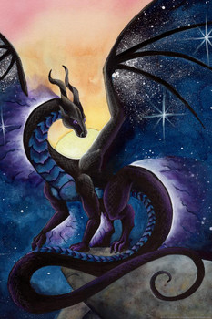 Nightfall by Carla Morrow Midnight Black Mystical Dragon Fantasy Poster Cosmos Starry Sky Stars Stretched Canvas Art Wall Decor 16x24