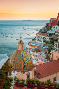 Positano Amalfi Coast Sunset Campania Sorrento Italy Mediterranean Sea Beautiful View European Landscape Photo Photograph Stretched Canvas Art Wall Decor 24x16