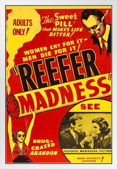 Reefer Madness Marijuana Propaganda Vintage Retro Movie Film Weed Cannabis Room Dope Gifts Guys Smoking Stoner Stoned Sign Buds Pothead Dorm Walls White Wood Framed Art Poster 14x20