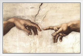 Michelangelo The Creation Adam Fresco Sistine Chapel Ceiling Closeup 1512 Biblical Narrative White Wood Framed Poster 14x20