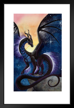 Nightfall by Carla Morrow Midnight Black Mystical Dragon Fantasy Poster Cosmos Starry Sky Stars Matted Framed Art Wall Decor 20x26