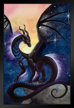 Nightfall by Carla Morrow Midnight Black Mystical Dragon Fantasy Poster Cosmos Starry Sky Stars Black Wood Framed Art Poster 14x20