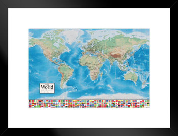 World Map Poster Flags Huge Big Creative Fun Country Countries Continents Premier Large Blue Ocean Aesthetic Modern Wall Decor Art Graphic Picture Bedroom Matted Framed Art Wall Decor 26x20