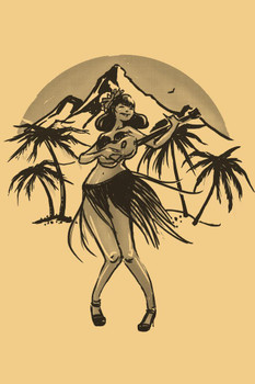 Laminated Hula Girl Dancer Dancing In Hawaii Volcano Palm Trees Retro Vintage Beach Sunset Landscape Pictures Ocean Scenic Scenery Tropical Nature Photography Paradise Poster Dry Erase Sign 24x36