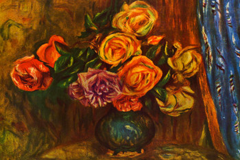 Pierre Auguste Renoir Roses Against a Blue Curtain Realism Romantic Artwork Renoir Canvas Wall Art French Impressionist Art Posters Floral Painting Wall Decor Cool Wall Art Print Poster 18x12