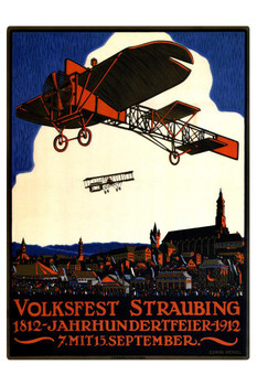 German Volksfest Straubing 1912 Airplane Biplane Vintage Illustration Travel Cool Wall Decor Art Print Poster 24x36