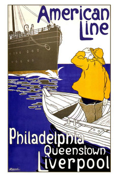 Laminated American Line Atlantic Ocean Shipping Freight Company Philadelphia Queenstown Liverpool England Poster Dry Erase Wall Art 24x36