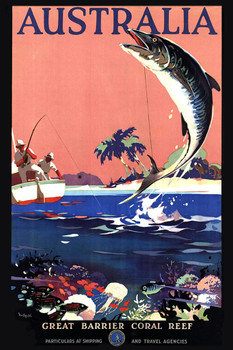 Laminated Australia Tourism Great Barrier Coral Reef Ocean Fishing Vintage Travel Poster Dry Erase Wall Art 24x36