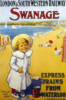 Laminated England Swanage London South Western Railway Express Waterloo Trains Kids Summer Beach Vacation Vintage Illustration Travel Poster Dry Erase Sign 24x36