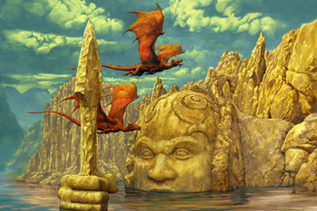 Lake Temple Red Dragon Flying Over Lake Ruins by Ciruelo Fantasy Painting Gustavo Cabral Cool Wall Decor Art Print Poster 24x36