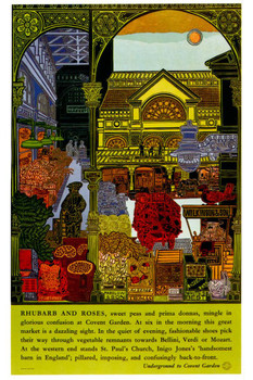 Laminated Rhubarb and Roses Convent Garden London England Farmers Market Fruits Vegetables 1965 Vintage Illustration Travel Poster Dry Erase Wall Art 24x36