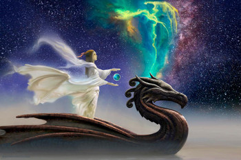 Laminated Cosmico Dragon Rider Aurora Borealis Northern Lights by Ciruelo Fantasy Painting Gustavo Cabral Poster Dry Erase Wall Art 24x36