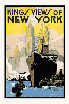 Laminated Kings View of New York City Skyline Ocean Liner Ship Boat Vintage Travel Ad Advertisement Poster Dry Erase Sign 24x36