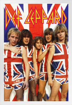 Def Leppard Poster Union Jack Album Cover Heavy Metal Music Merchandise Retro Vintage 80s Aesthetic Band White Wood Framed Poster 14x20 Cool Wall Decor Art Print Poster 12x18