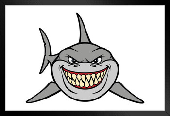 Evil Mean Shark Smile Drawing Illustration Shark Posters For Walls Shark Pictures Cool Great White Shark Picture Great White Shark Art Great White Shark Jaws Black Wood Framed Poster 14x20