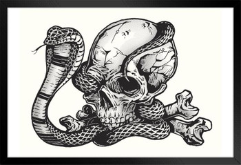 Human Skull Cobra Snake Pen Ink Tattoo Style Etching Artistic Design Black Wood Framed Poster 14x20