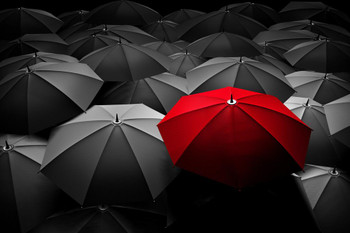 Red umbrella stand out from the crowd. Different leader Motivational Photo Stretched Canvas Art Wall Decor 16x24