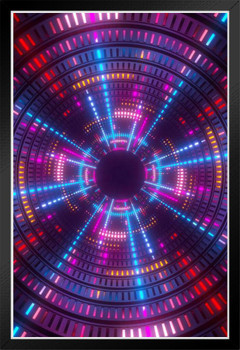 3d render purple blue pink neon lights round hole tunnel abstract geometric background Black Wood Framed Poster 14x20