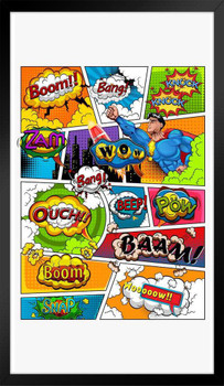 Comic book page speech bubbles sounds retro Illustration Black Wood Framed Poster 14x20