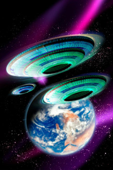 Flying Saucers UFOs Invading Earth Trippy Stretched Canvas Art Wall Decor 16x24