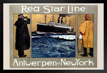 Red Star Line Cruise Ship Antwerp to New York Atlantic Ocean Liner Vintage Travel Black Wood Framed Poster 14x20