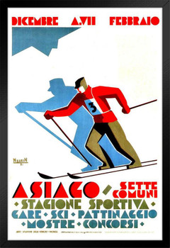 Italian Asiaco Skiing Winter Sport Italy Alps Vintage Illustration Travel Black Wood Framed Poster 14x20