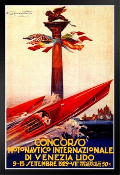 Italian Venezia Lido Venice 1929 Concorso Boat Show Tourism Vintage Illustration Travel Black Wood Framed Poster 14x20