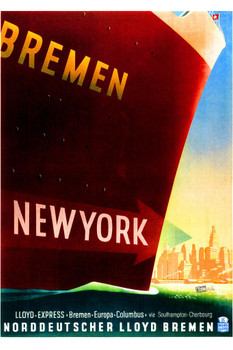 Bremen New York Vintage Illustration Travel Art Deco Vintage French Wall Art Nouveau 1920 French Advertising Vintage Poster Prints Art Nouveau Decor Stretched Canvas Art Wall Decor 16x24