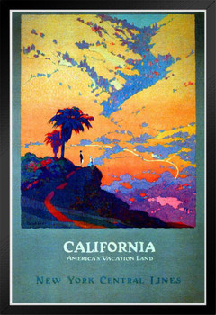 California Americas Vacation Land New York Central Lines Train Railroad Vintage Illustration Travel Black Wood Framed Poster 14x20