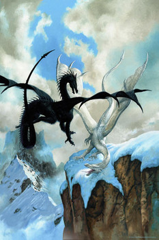 Dragon Battle Dragon Snowy Mountain by Ciruelo Fantasy Painting Gustavo Cabral Stretched Canvas Art Wall Decor 16x24