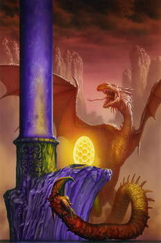 Wyvern Dragon Guarding Golden Egg by Ciruelo Fantasy Painting Gustavo Cabral Stretched Canvas Art Wall Decor 16x24