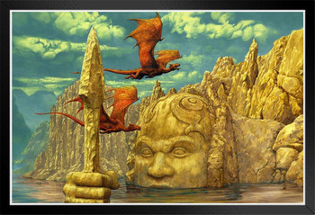 Lake Temple Red Dragon Flying Over Lake Ruins by Ciruelo Fantasy Painting Gustavo Cabral Black Wood Framed Poster 14x20