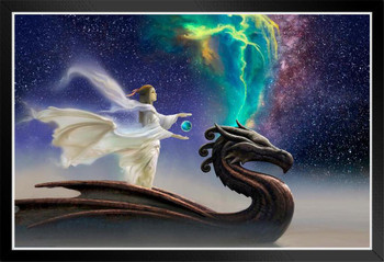 Cosmico Dragon Rider Aurora Borealis Northern Lights by Ciruelo Fantasy Painting Gustavo Cabral Black Wood Framed Poster 14x20
