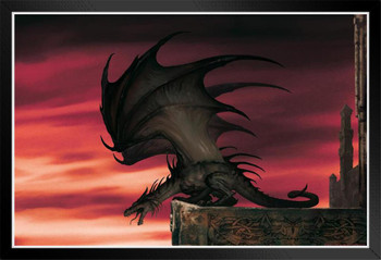 Drag Lord Dragon Roaring On Castle Rampart Sunset by Ciruelo Fantasy Painting Gustavo Cabral Black Wood Framed Poster 14x20