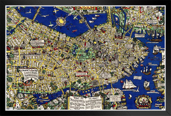 Boston Historical Illustration History Map Black Wood Framed Poster 14x20