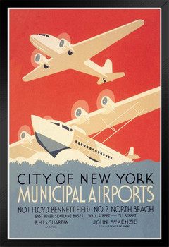 Airplane Seaplane City Of New York Municipal Airports Vintage Travel Black Wood Framed Poster 14x20