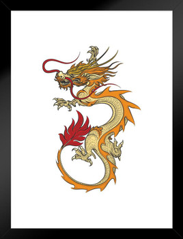 Asian Dragon Detailed Tattoo Style Illustration Design Poster Red Yellow Orange Magical Mystical Matted Framed Wall Decor Art Print 20x26
